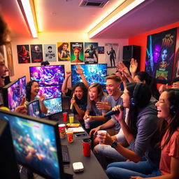 A vibrant and energetic scene of a diverse group of young adults enthusiastically gathered around a large gaming setup, streaming a live video game session
