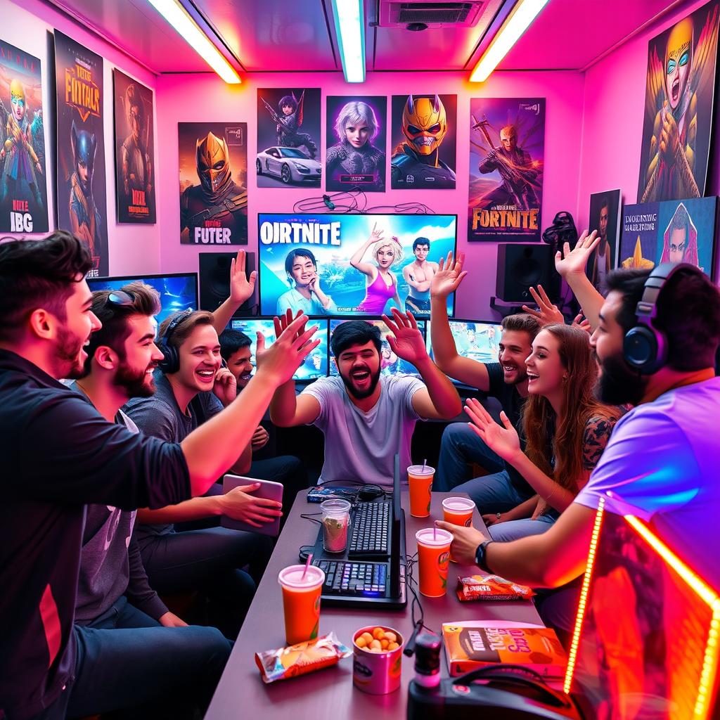 A vibrant and energetic scene of a diverse group of young adults enthusiastically gathered around a large gaming setup, streaming a live video game session