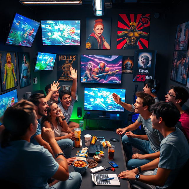 A vibrant and energetic scene of a diverse group of young adults enthusiastically gathered around a large gaming setup, streaming a live video game session