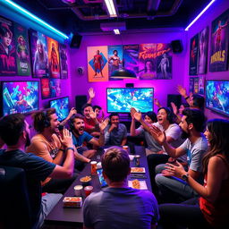 A vibrant and energetic scene of a diverse group of young adults enthusiastically gathered around a large gaming setup, streaming a live video game session
