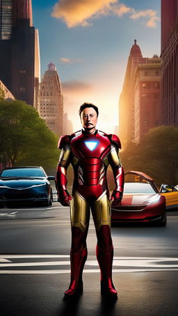 200mm portrait photograph of Elon Musk as Iron Man, standing with the Avengers in Marvel's New York City at sunset.