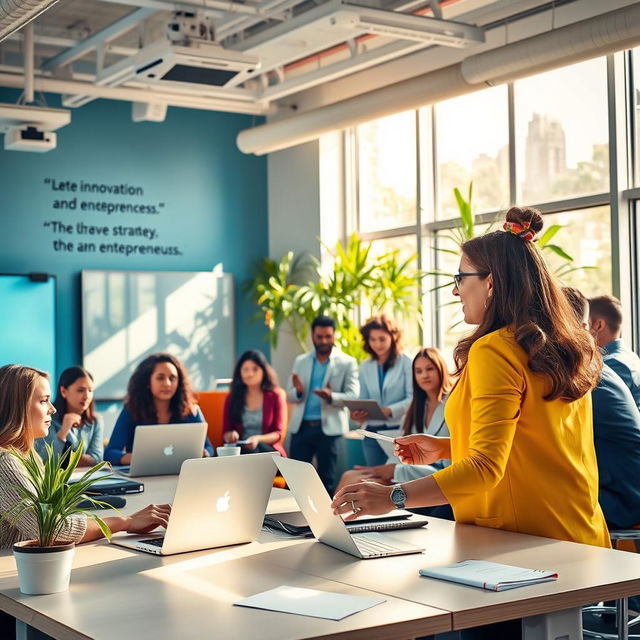 A vibrant and engaging scene capturing the fusion of education and business, showcasing a diverse group of professionals in a modern classroom setting