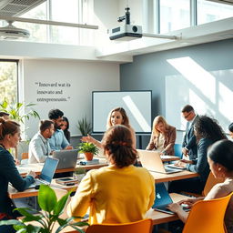 A vibrant and engaging scene capturing the fusion of education and business, showcasing a diverse group of professionals in a modern classroom setting