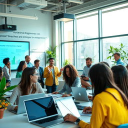 A vibrant and engaging scene capturing the fusion of education and business, showcasing a diverse group of professionals in a modern classroom setting