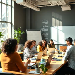 A vibrant and engaging scene capturing the fusion of education and business, showcasing a diverse group of professionals in a modern classroom setting