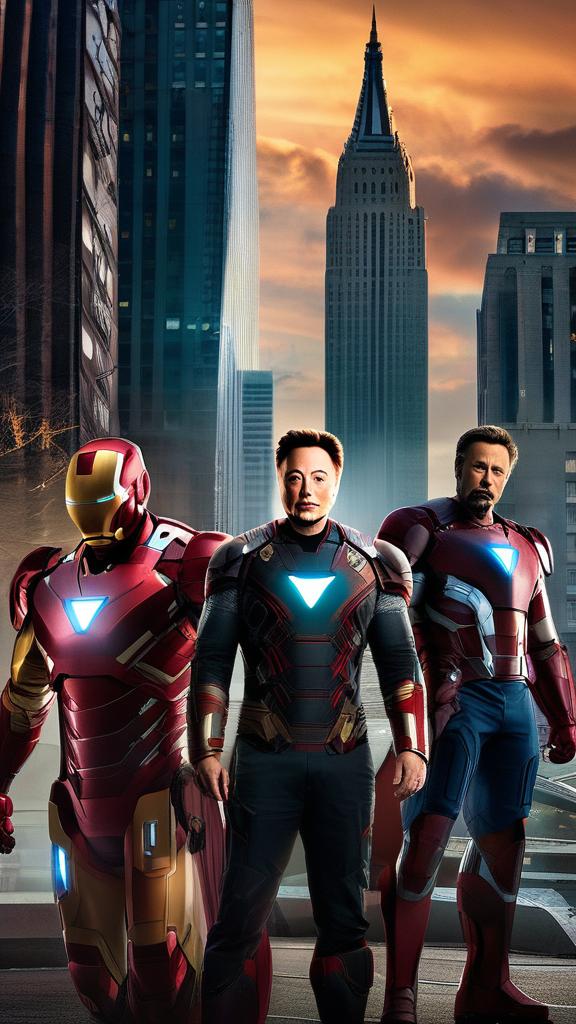 200mm portrait photograph of Elon Musk as Iron Man, standing with the Avengers in Marvel's New York City at sunset.