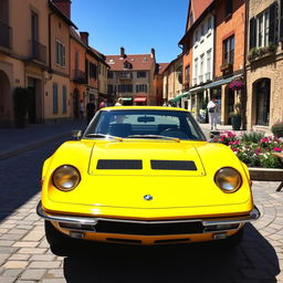 A vibrant yellow Iso Grifo parked in a picturesque, quaint town square surrounded by charming old buildings and cobblestone streets