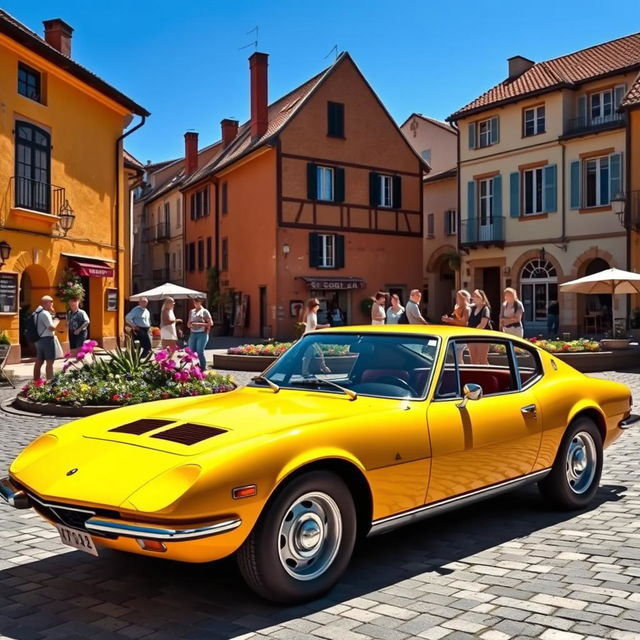 A vibrant yellow Iso Grifo parked in a picturesque, quaint town square surrounded by charming old buildings and cobblestone streets