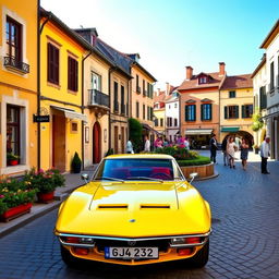 A vibrant yellow Iso Grifo parked in a picturesque, quaint town square surrounded by charming old buildings and cobblestone streets