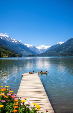 A serene landscape featuring a tranquil lake surrounded by lush greenery, with snow-capped mountains in the background under a bright blue sky
