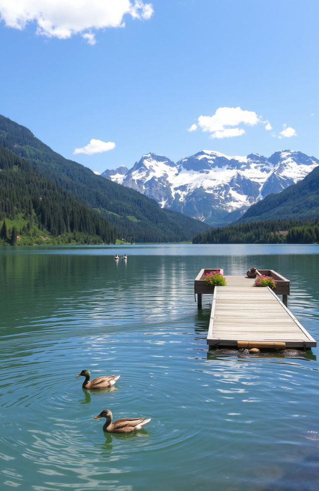 A serene landscape featuring a tranquil lake surrounded by lush greenery, with snow-capped mountains in the background under a bright blue sky