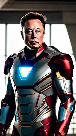 200mm raw portrait photograph of Elon Musk as Iron Man, unedited and in natural light, set in the Marvel Universe.