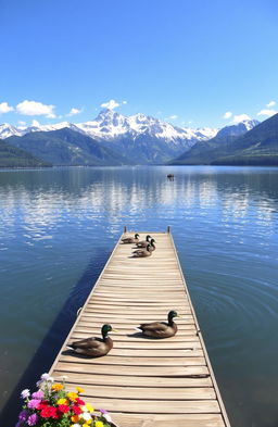 A serene landscape featuring a tranquil lake surrounded by lush greenery, with snow-capped mountains in the background under a bright blue sky