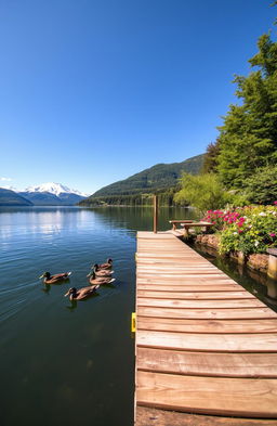 A serene landscape featuring a tranquil lake surrounded by lush greenery, with snow-capped mountains in the background under a bright blue sky