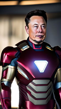 200mm raw portrait photograph of Elon Musk as Iron Man, unedited and in natural light, set in the Marvel Universe.