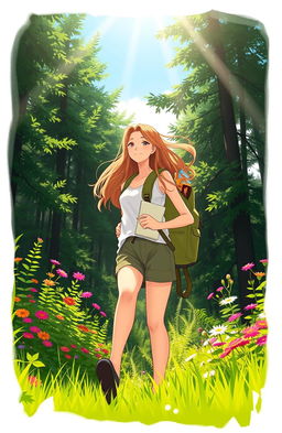 A bright sunny day with a clear blue sky, Ana, a young adventurous woman with long flowing hair and wearing a casual summer outfit, excitedly sets off to explore a lush green forest at the edge of her garden