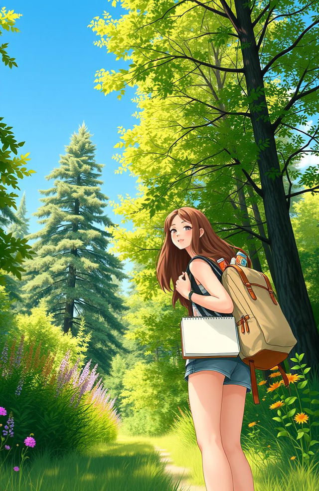 A bright sunny day with a clear blue sky, Ana, a young adventurous woman with long flowing hair and wearing a casual summer outfit, excitedly sets off to explore a lush green forest at the edge of her garden