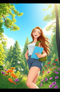 A bright sunny day with a clear blue sky, Ana, a young adventurous woman with long flowing hair and wearing a casual summer outfit, excitedly sets off to explore a lush green forest at the edge of her garden