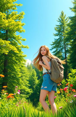 A bright sunny day with a clear blue sky, Ana, a young adventurous woman with long flowing hair and wearing a casual summer outfit, excitedly sets off to explore a lush green forest at the edge of her garden