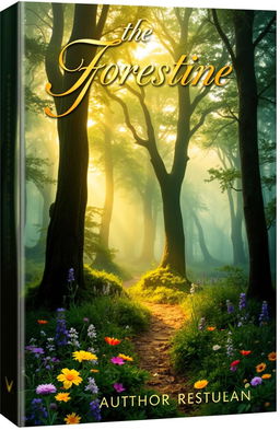 A captivating book cover design featuring a mystical forest with towering trees, soft golden sunlight filtering through the leaves, and a winding path leading deeper into the woods