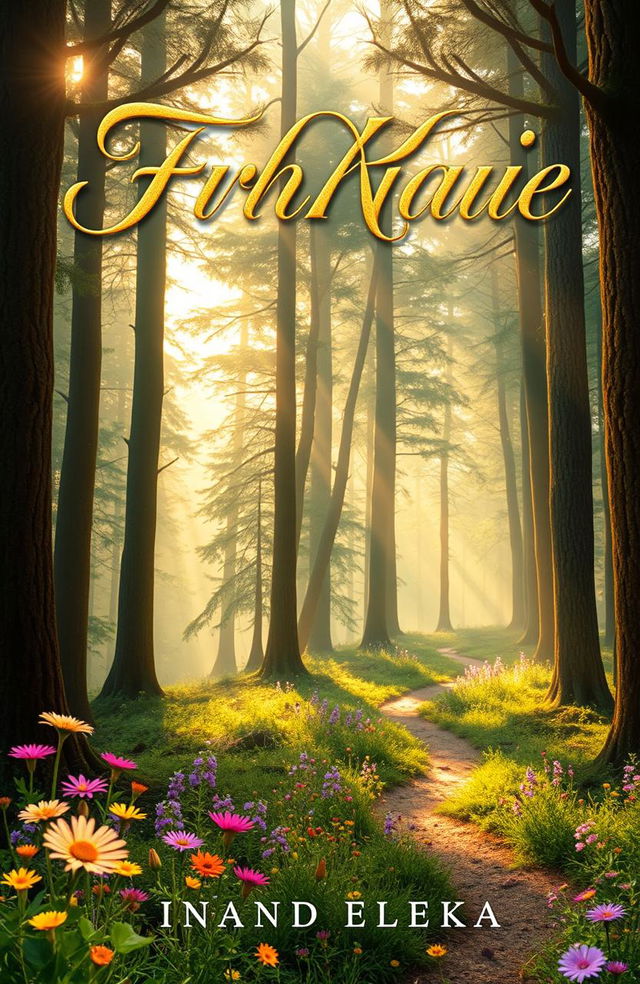 A captivating book cover design featuring a mystical forest with towering trees, soft golden sunlight filtering through the leaves, and a winding path leading deeper into the woods