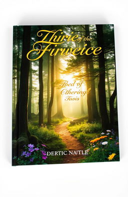 A captivating book cover design featuring a mystical forest with towering trees, soft golden sunlight filtering through the leaves, and a winding path leading deeper into the woods