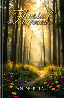 A captivating book cover design featuring a mystical forest with towering trees, soft golden sunlight filtering through the leaves, and a winding path leading deeper into the woods