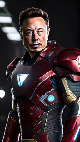 200mm raw portrait photograph of Elon Musk as Iron Man, unedited and in natural light, set in the Marvel Universe.