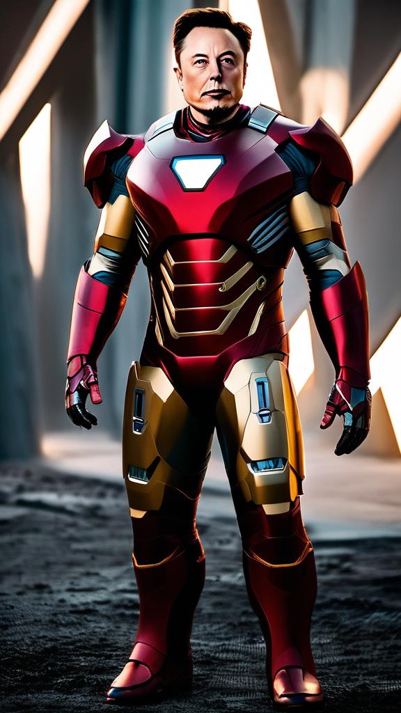 200mm raw portrait photograph of Elon Musk as Iron Man, unedited and in natural light, set in the Marvel Universe.