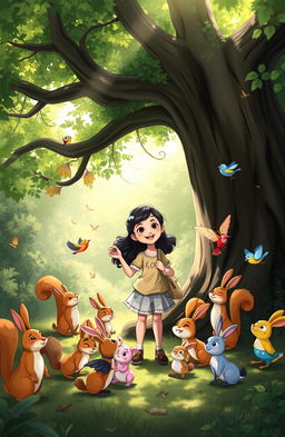 A whimsical forest scene featuring Ana, a curious young woman, joyfully interacting with a vibrant gathering of woodland creatures