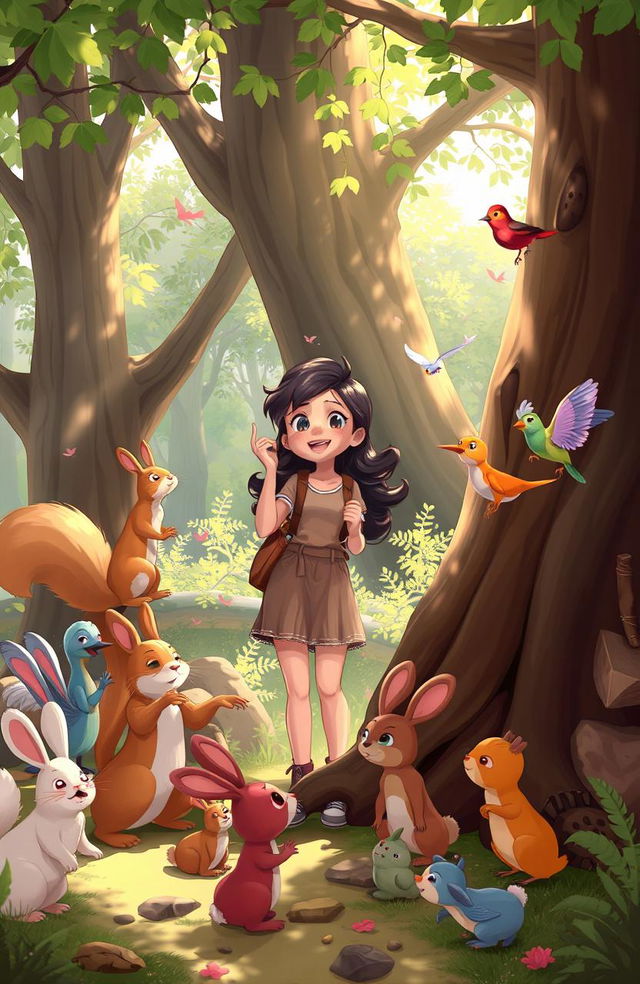 A whimsical forest scene featuring Ana, a curious young woman, joyfully interacting with a vibrant gathering of woodland creatures