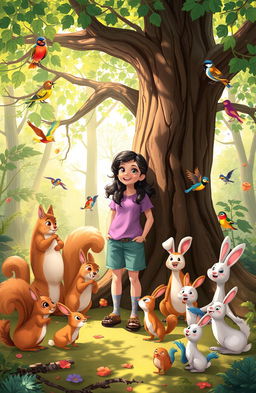 A whimsical forest scene featuring Ana, a curious young woman, joyfully interacting with a vibrant gathering of woodland creatures