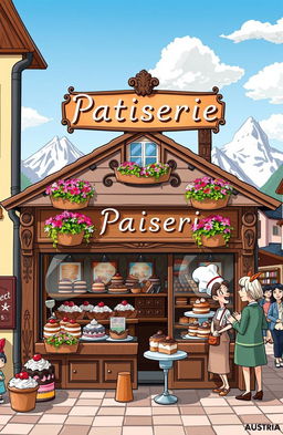 A whimsical patisserie scene set in Austria, featuring a quaint and charming bakery shop with traditional Austrian architecture