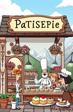 A whimsical patisserie scene set in Austria, featuring a quaint and charming bakery shop with traditional Austrian architecture