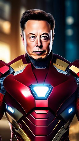 32K ultra-high resolution, 200mm raw portrait photograph of Elon Musk as Iron Man, unedited and in natural light, set in the Marvel Universe