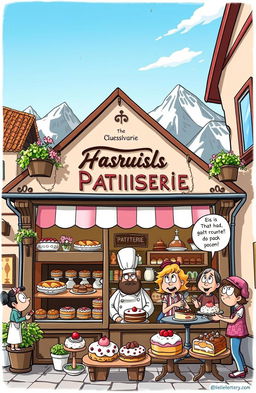 A whimsical patisserie scene set in Austria, featuring a quaint and charming bakery shop with traditional Austrian architecture