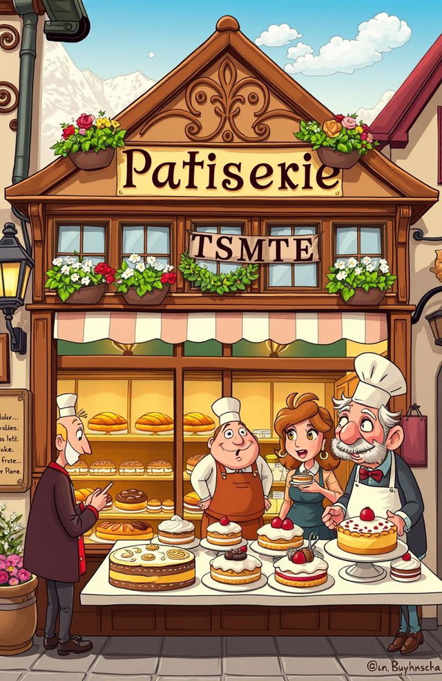 A whimsical patisserie scene set in Austria, featuring a quaint and charming bakery shop with traditional Austrian architecture