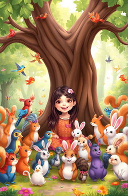 A whimsical forest scene featuring a cheerful gathering of small woodland creatures including colorful birds, playful squirrels, and fluffy rabbits