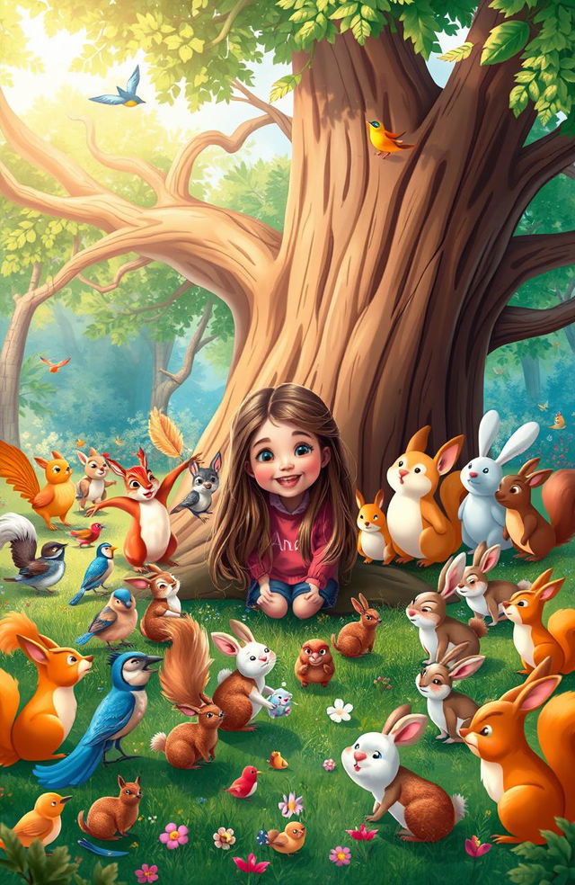 A whimsical forest scene featuring a cheerful gathering of small woodland creatures including colorful birds, playful squirrels, and fluffy rabbits