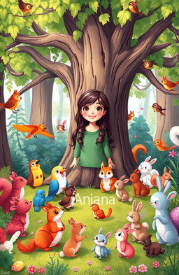 A whimsical forest scene featuring a cheerful gathering of small woodland creatures including colorful birds, playful squirrels, and fluffy rabbits