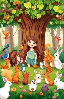 A whimsical forest scene featuring a cheerful gathering of small woodland creatures including colorful birds, playful squirrels, and fluffy rabbits