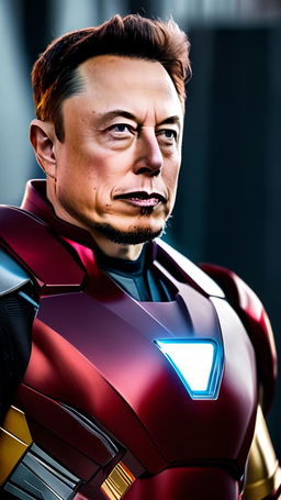 32K ultra-high resolution, 200mm raw portrait photograph of Elon Musk as Iron Man, unedited and in natural light, set in the Marvel Universe