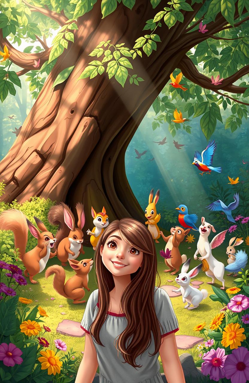 A vibrant forest scene featuring a joyful gathering of small woodland creatures including squirrels, rabbits, and colorful birds around a large, leafy tree