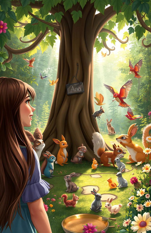 A vibrant forest scene featuring a joyful gathering of small woodland creatures including squirrels, rabbits, and colorful birds around a large, leafy tree