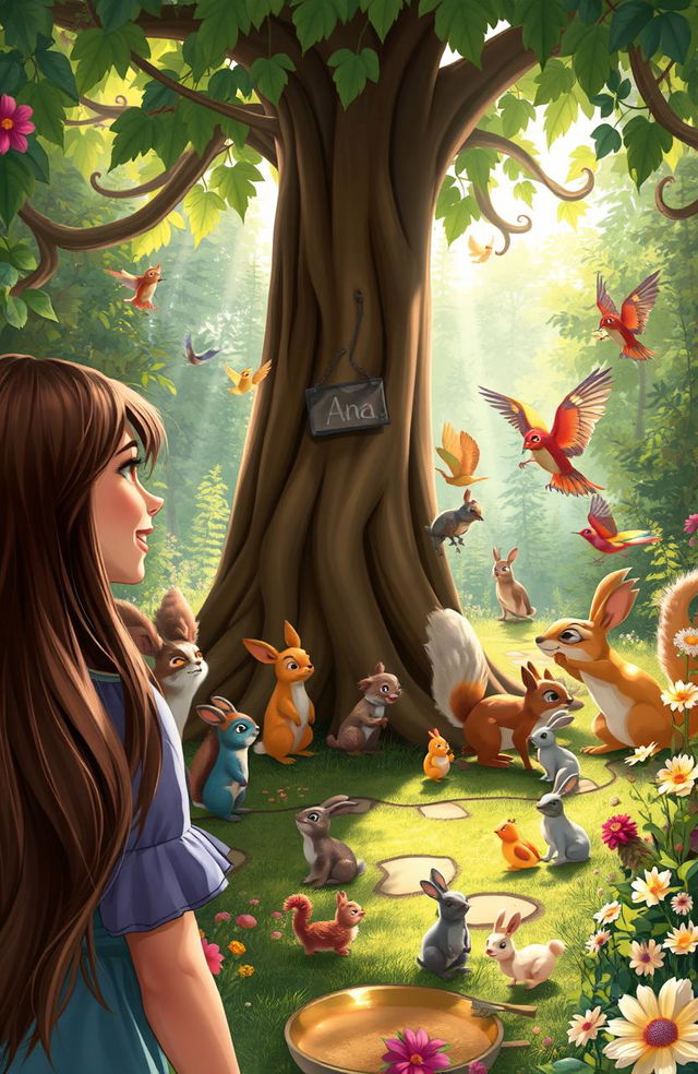 A vibrant forest scene featuring a joyful gathering of small woodland creatures including squirrels, rabbits, and colorful birds around a large, leafy tree