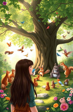 A vibrant forest scene featuring a joyful gathering of small woodland creatures including squirrels, rabbits, and colorful birds around a large, leafy tree
