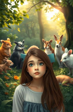 A serene scene representing nature, where animals are gathered around sharing stories about the changing seasons, the significance of water, and how fallen leaves enrich the soil