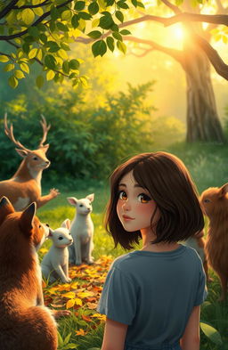A serene scene representing nature, where animals are gathered around sharing stories about the changing seasons, the significance of water, and how fallen leaves enrich the soil
