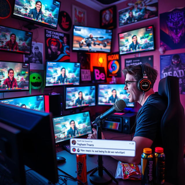 A vibrant and energetic scene of a YouTube streamer in their colorful gaming room, surrounded by multiple monitors displaying various live stream feeds