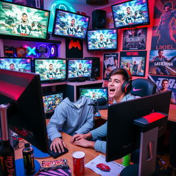 A vibrant and energetic scene of a YouTube streamer in their colorful gaming room, surrounded by multiple monitors displaying various live stream feeds